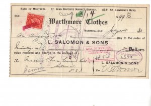Custom Cheque, Worthmore Clothes, Fashion, Montreal Quebec Canada Stamp 1933