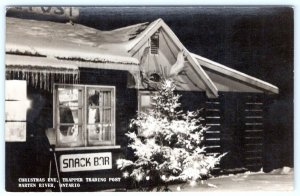 RPPC MARTEN RIVER ONTARIO SNACK BAR TRAPPER TRADING POST CHRISTMAS EVE POSTCARD