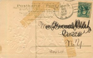 Embossed Easter Postcard; Anthropomorphic Rabbits, Red Umbrella Eggs & Violets