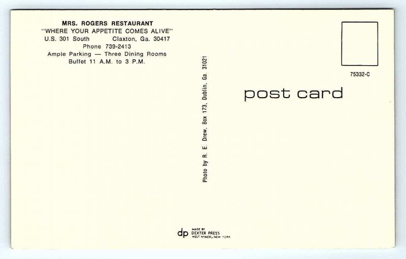 CLAXTON, GA Georgia ~ MRS. ROGERS RESTAURANT c1960s Evans County Postcard