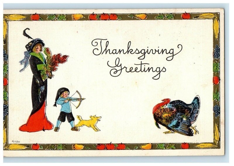 1914 Thanksgiving Greetings Girl Kids Hunting Turkey Bow Arrow Postcard 