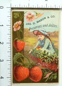 1870's-80's Jas D. Mason Preserves & Jellies, Girl Picking Strawberries Card F69