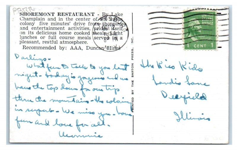 PLATTSBURG, NY New York ~ Roadside SHOREMONT COTTAGES, Restaurant 1950  Postcard 