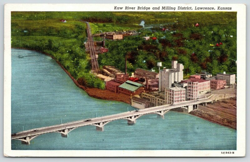 Lawrence Kansas~Kaw River Bridge~Birdseye Milling District Factories~1947 Linen 