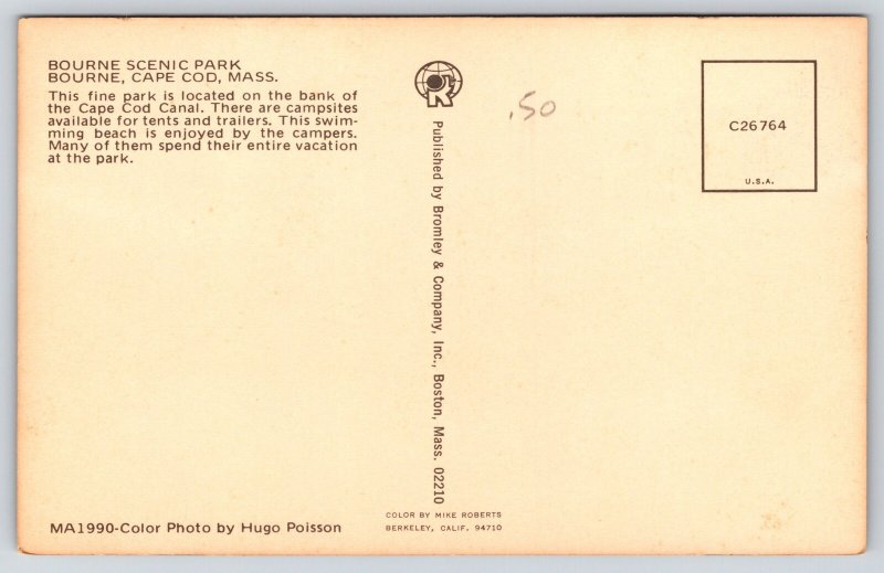 Bourne Massachusetts~Scenic Park Beach~Cape Cod Canal~Bridge~Flag~1950s Postcard