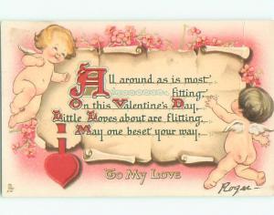 Pre-Linen valentine CUPIDS AROUND MESSAGE ON SCROLL k5718