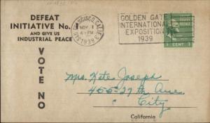 California Defeat Initiative Industrial Peace Anti-Labor 1938 Postal Card myn