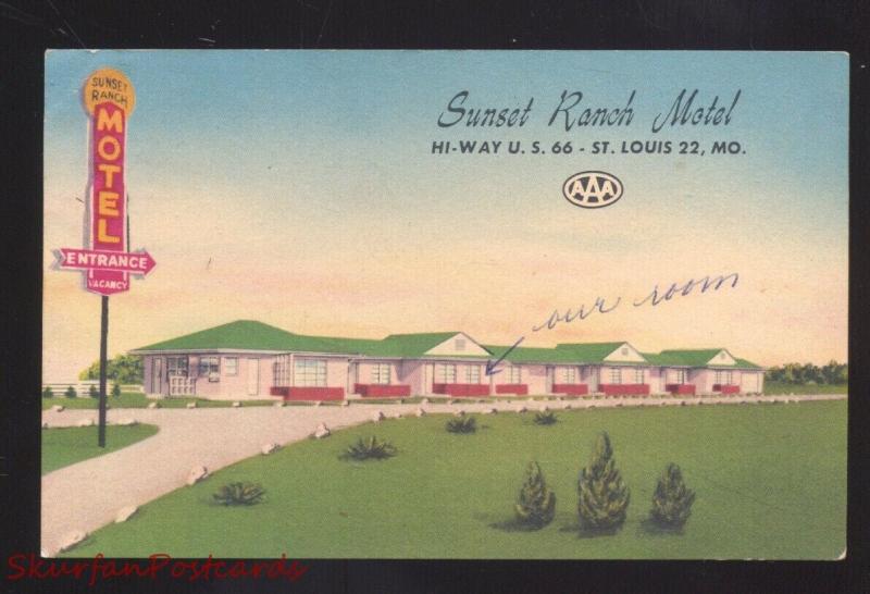 ST. LOUIS MISSOURI SUNSET RANCH MOTEL VINTAGE LINEN ADVERTISING POSTCARD