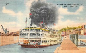 STEAM BOAT PASSING THROUGH LOCKS NEAR ST. LOUIS MISSOURI POSTCARD 1949