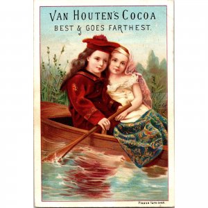 Van Houten's Cocoa ~ Holland ~ Antique Victorian Trade Card ~ Boy Girl Boat