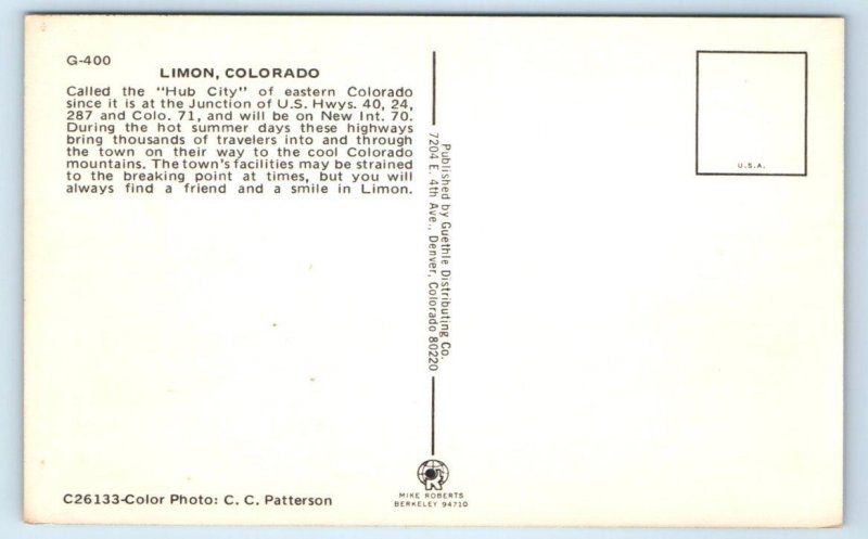 LIMON, CO Colorado ~ Hub City STREET SCENE c1960s Cozy Cafe Buick Postcard