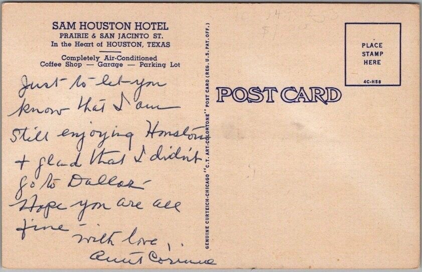 HOUSTON Texas Postcard SAM HOUSTON HOTEL Street View Curteich Linen