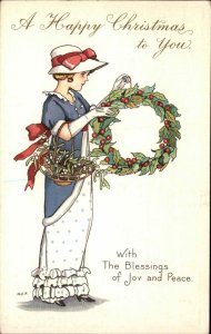 Christmas Stecher Ser 416D Pretty Woman with Wreath c1910 Vintage Postcard