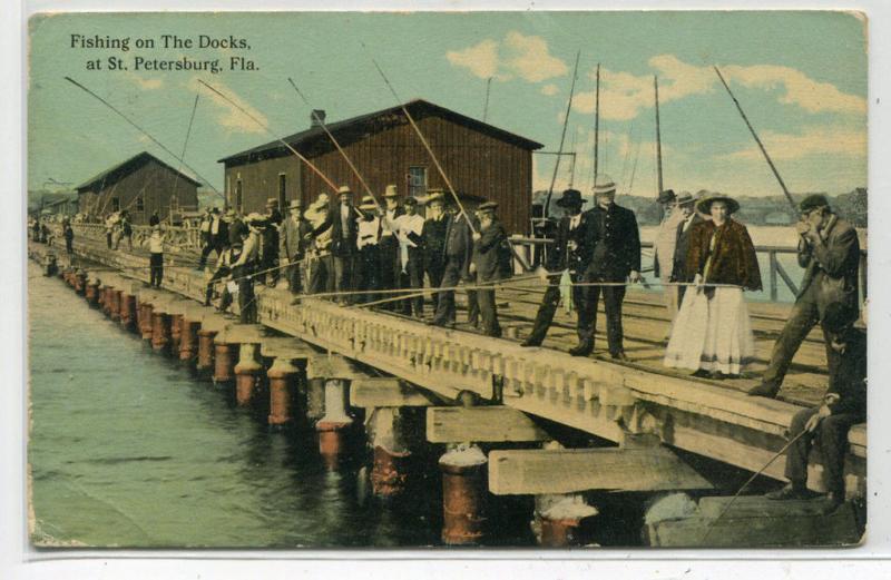 Fishing on the Docks St Petersburg Florida 1910c postcard