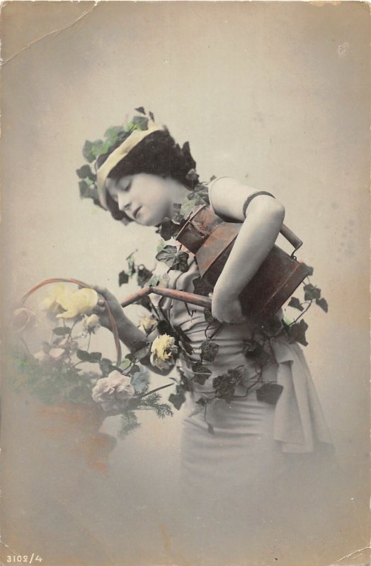 H79/ Interesting Real Photo RPPC Postcard Watering Can Girl c1910 Garden 121