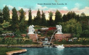 Vintage Postcard 1941 Sunset Memorial Park Fountain Statue Danville Illinois ILL