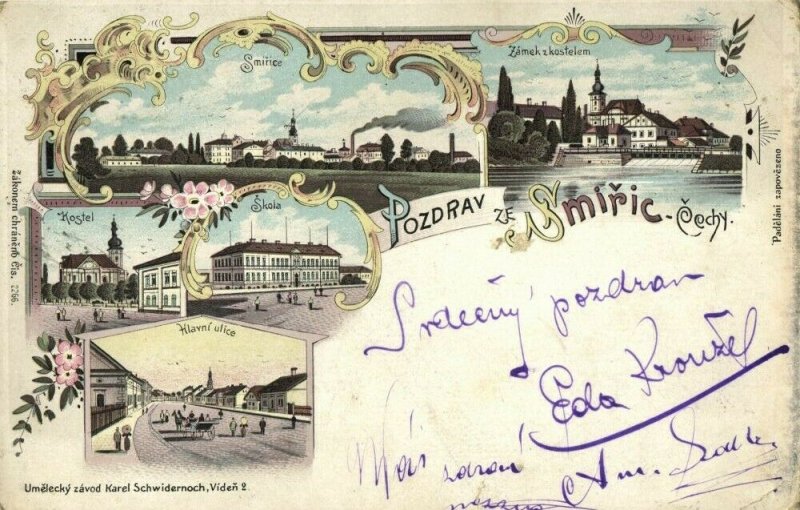 czech, SMIŘICE, Panorama, Church, School, Main Street (1899) Postcard