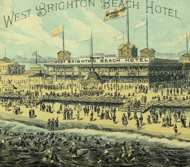 1870's-80's West Brighton Beach Hotel, Coney Island Beach Scene Trade Card F75