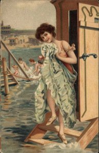 Bathing Beauty Woman Exits Change House in Water c1910 Postcard