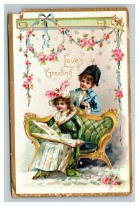 Vintage 1910 Tuck's Greetings Postcard Cute Children on Victorian Couch Flowers