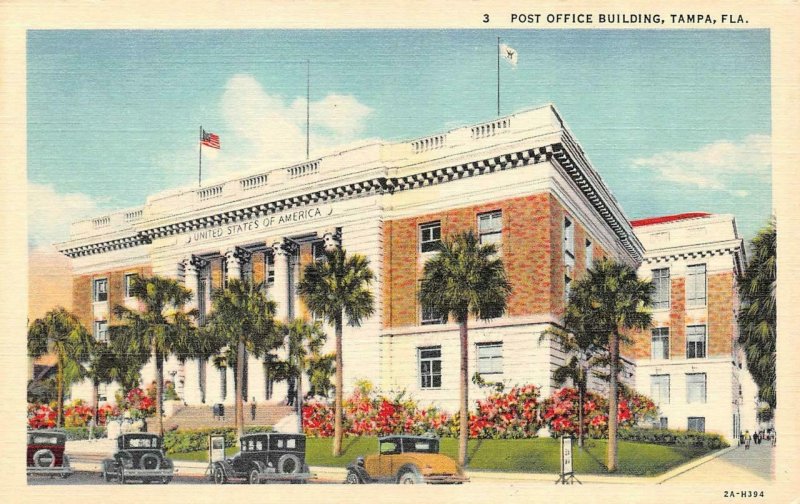 TAMPA, FL Florida  POST OFFICE~Cars On Street  c1930's Curt Teich Linen Postcard