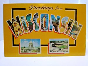 Greetings From Wisconsin Large Big Letter Postcard Stadium Buildings Unused