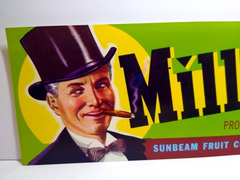 Millionaire Crate Label Top Hat Man Cigar Bow Tie 1960s Vintage Table Grapes