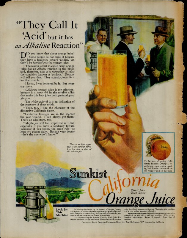 1927 Sunkist California Orange Juice They Call It Acid Vintage Print Ad 3867