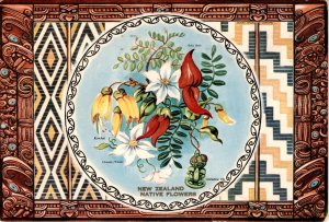 New Zealand Cultural Postcard with Native Flowers and Carvings