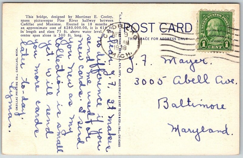 Cadillac & Manistee Michigan 1938 Postcard Mortimer E. Cooley Bridge