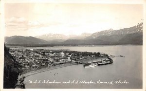 RPPC SEWARD ALASKA USS SHOSHONE & SS ALASKA SHIPS REAL PHOTO POSTCARD (c. 1940)