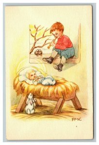 Vintage 1950's Comic Postcard Dutch Boy Plays Flute to Baby White Bunny & Birds