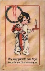 Christmas Little Girl with Toy Doll Dolly c1910 Vintage Postcard