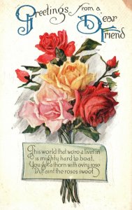 Vintage Postcard 1910's Greetings From Dear Friends Roses Sweet Flowers Art