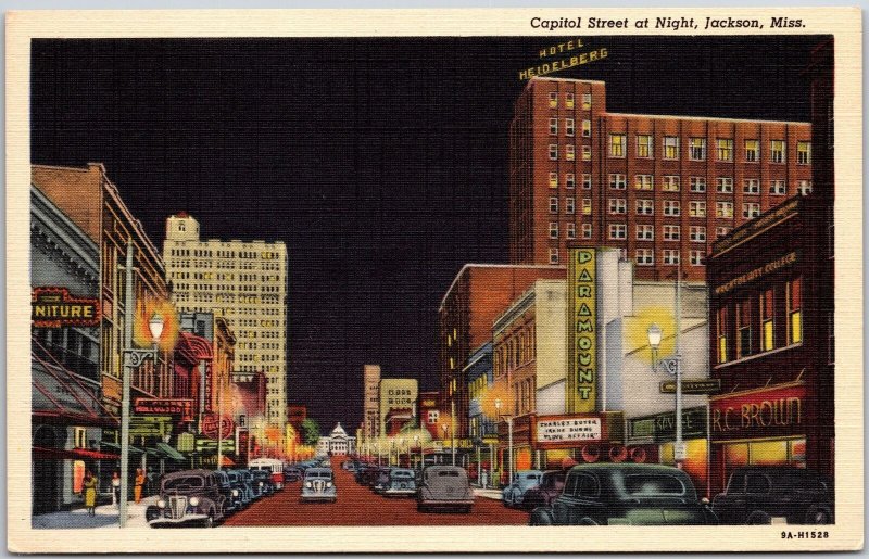 Jackson Mississippi, Capitol Street at Night City Classic Cars, Vintage Postcard