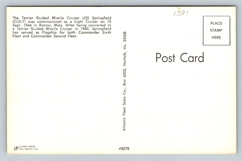 USS Springfield  CLG-7  US Navy  Guided Missle Cruiser    Postcard