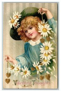 Vintage 1910's Winsch Back Valentine Postcard Cute Girl String of White Flowers