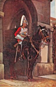 WHITEHALL SENTRY ON GUARD BLACK  HORSE-WHITE BLAZE-TUCK ENGLAND MILITARY PSTCARD