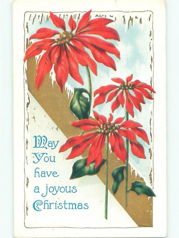 Pre-Linen christmas ICICLES HANGING OVER POINSETTIA FLOWERS J1506