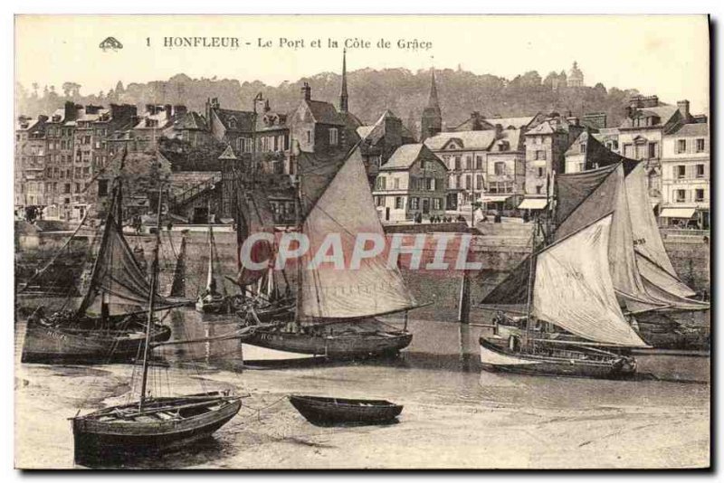 Old Postcard Honfleur Harbor and the Cote de Grace Yacht