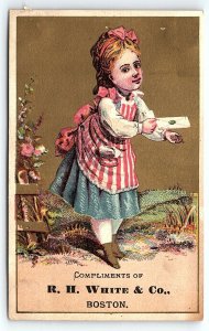 c1880 R H WHITE & CO BOSTON MA YOUNG GIRL WITH LETTER VICTORIAN TRADE CARD Z1107