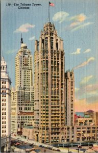 VTG 1930's Tribune Tower Building Old Cars Chicago Illinois IL Linen Postcard
