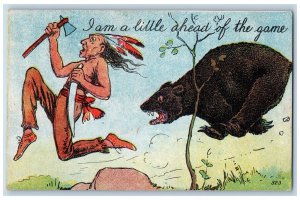 Sylvan Beach NY Postcard Black Bear Chasing Indian I Am A Little Ahead Of Game