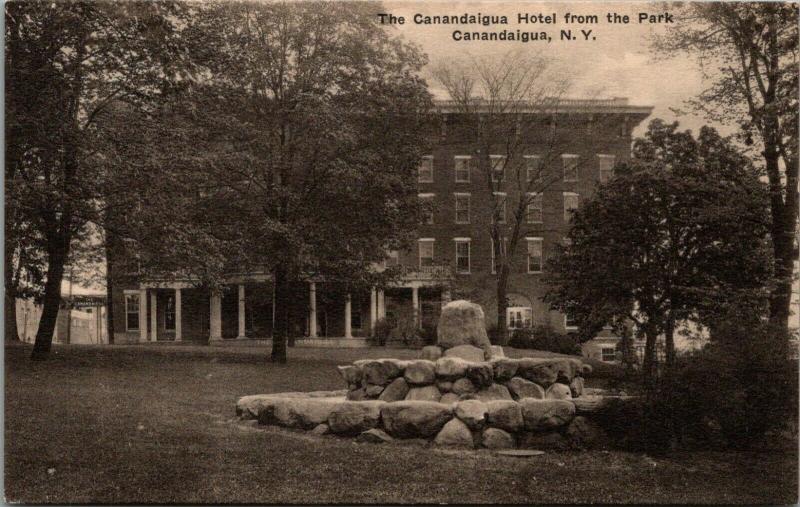 Canandaigua New York~Hotel from Behind Terraced Stone Fourntain @ Park~c1910 PC 