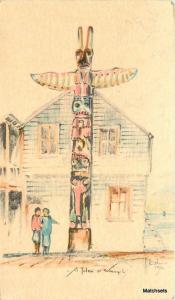 1930s Artist impression totem Pole wrangel Alaska postcard 11548