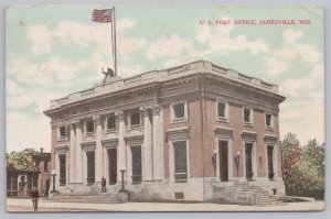 Janesville Wisconsin~US Post Office~Man on Bicycle in Street~Vintage Postcard