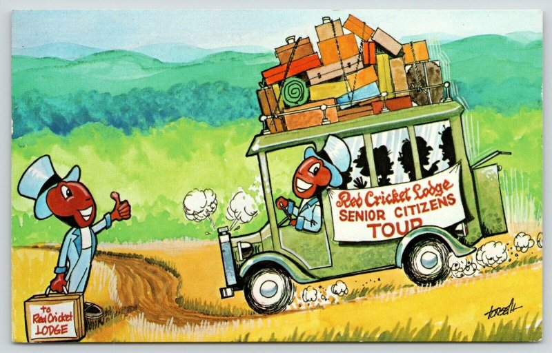 West Dover VT~Red Jiiminy Cricket Lodge~Cartoon Character~Tour Bus~WNAC Boston 