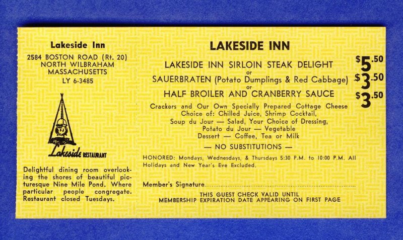 1968 Lakeside Inn 'Dine-Out' Coupon,North Wilbraham, Massachusetts/MA