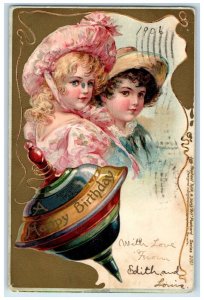 1906 Birthday Trompo Spin Children Embossed Iowa City IA Antique Postcard