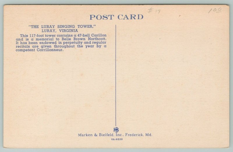 Luray Virginia~Luray Singing Tower~Vintage Postcard